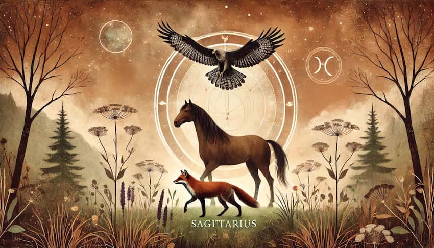 Illustration fo the Sagittarius spirit animal, showing the horse, hawk and fox