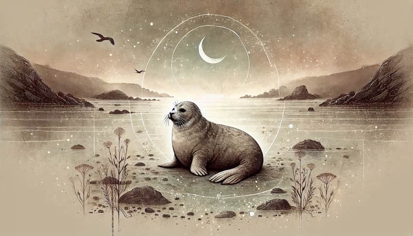 illustration of a seal as a spirit animal under the moonlight